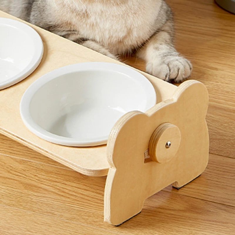 

Pet Dog Bowls Feeder Elevated Heights Adjustable Bamboo Food Water Dishes Wooden Stand Puppy Pet Cat Neck Care Raise