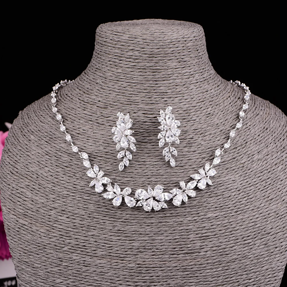 Винтаж цветок кубического циркония Свадебное Ожерелье Комплект сережек для женщин вечерние ювелирные изделия булавки серьги подаро�