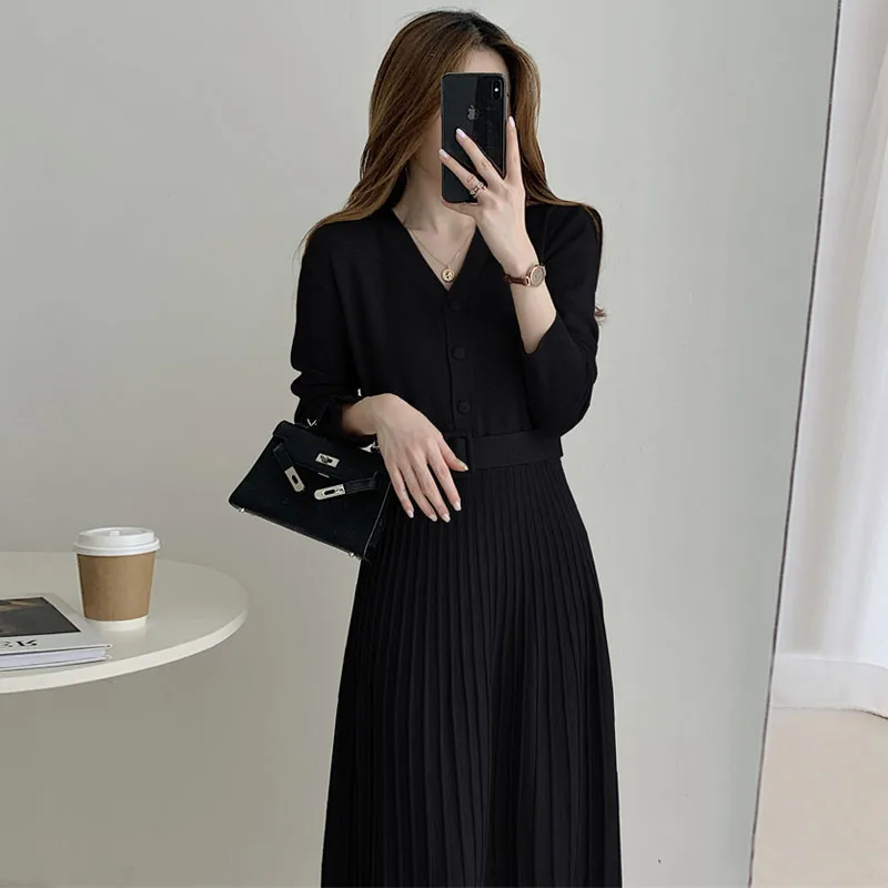 

New Korean Chic Winter Autumn Pullovers Warm Knitted Long Sleeve Sweater Dress French One Piece Ladies Sweaters Dress Base Dress
