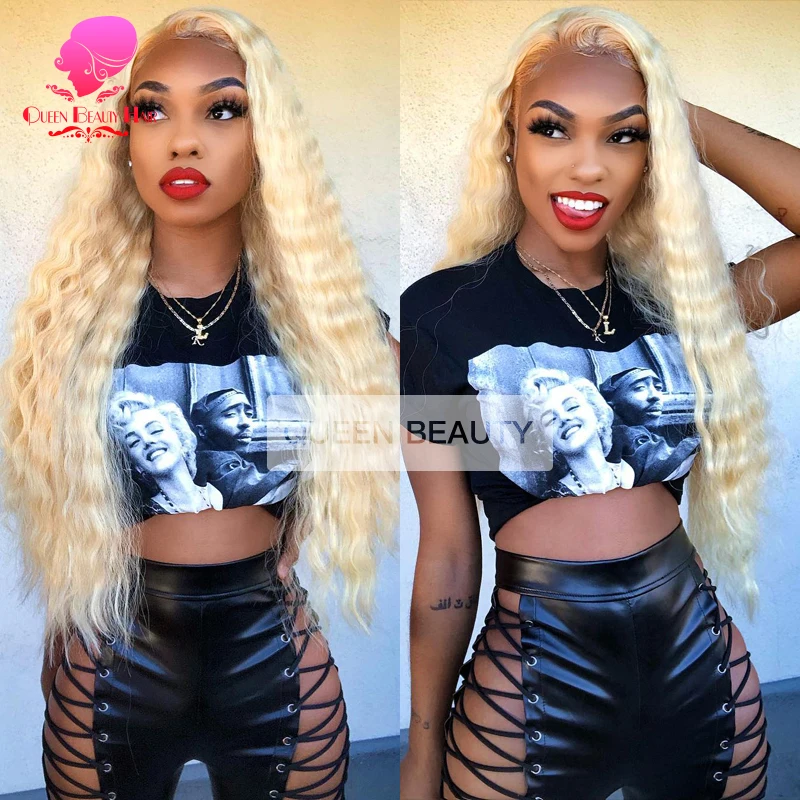 13x6 Lace Frontal With Bundle 613 Honey Blonde Human Hair Remy Brazilian Weave 3 4 Deep Wave Bundles with 13x4 Closure |