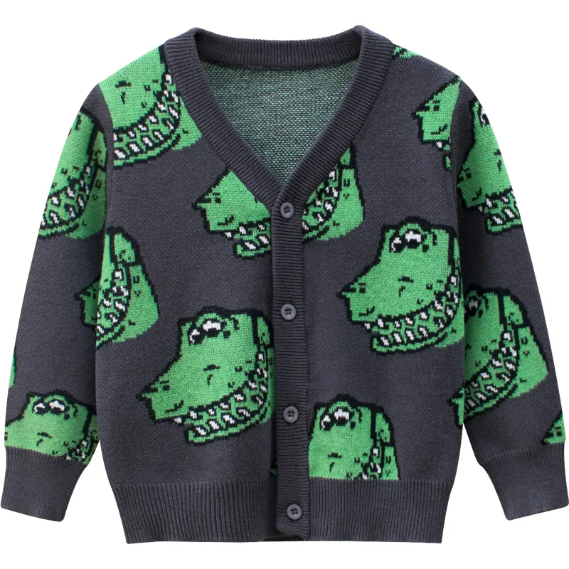 

2020 Boys Knit Cardigan Sweater Spring Autumn Children Sweater Coat Baby Kid Cartoon Crocodile Sweater Fashionable Green Sweater