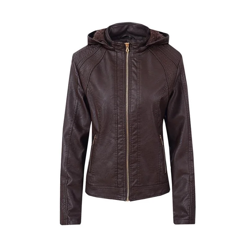 

Women's PU Faux Leather Jacket Cashmere Hood Hat Detachable Short Leather Jacket Fashion Warm Motorcycle Jacket Outwear Female