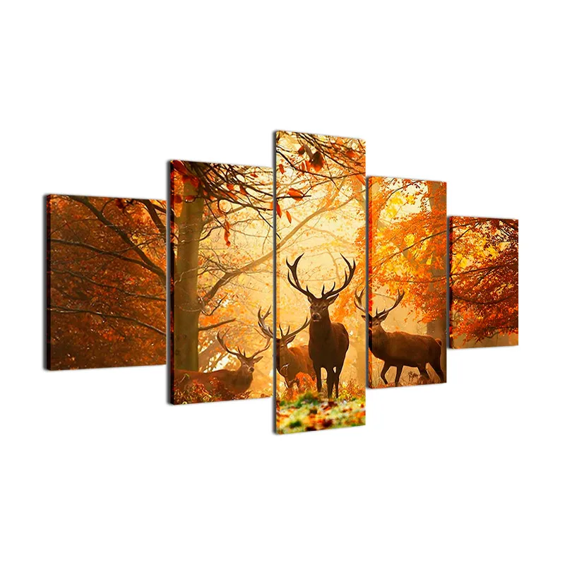

Canvas Painting Living Room Wall Poster Frame In Modular HD Print 5 Panel Decor Pictures Autumn Forest Animal Deers Photo