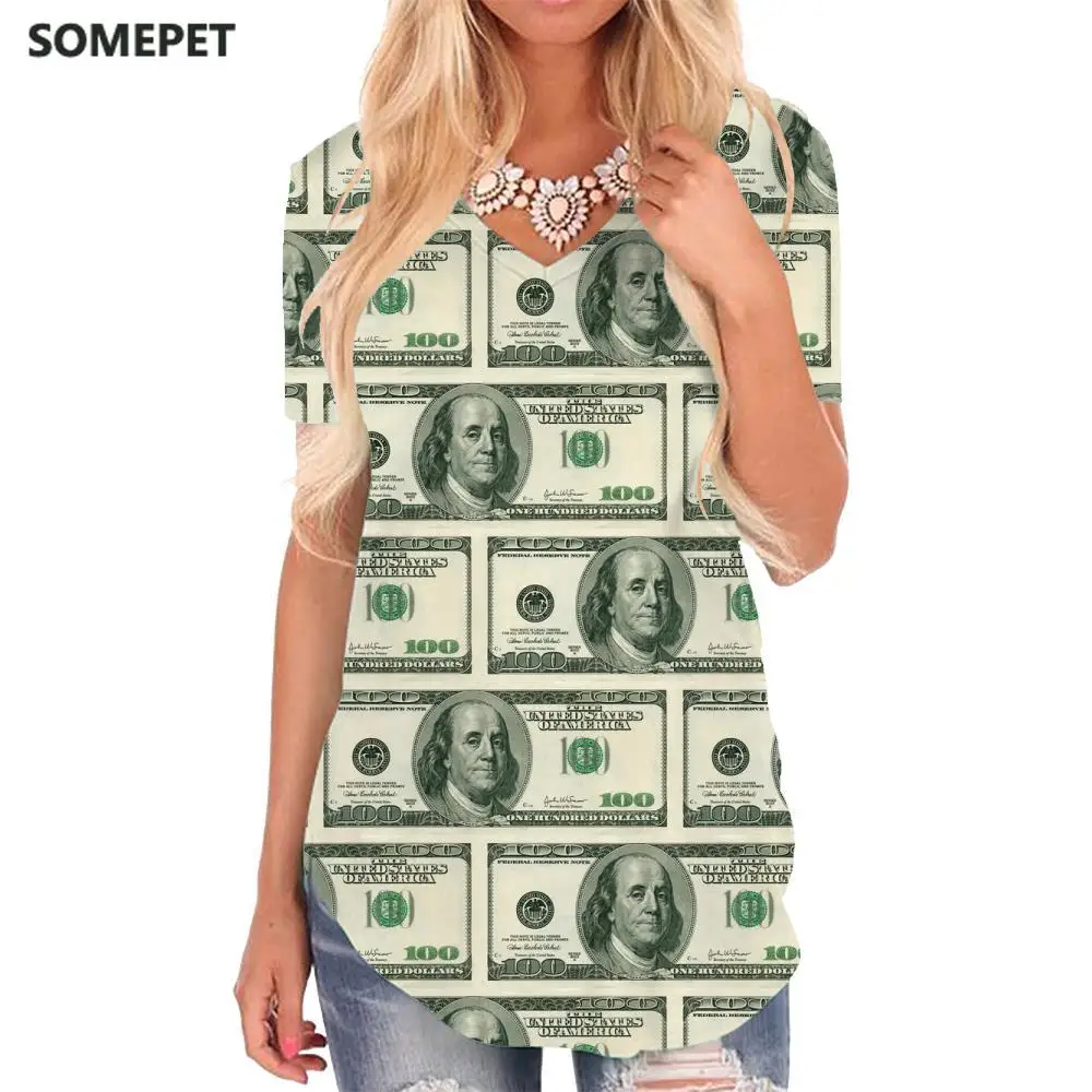 

SOMEPET Dollar T Shirt Women Money V-neck Tshirt Cool Shirt Print Art T-shirts 3d Womens Clothing Punk Rock Loose Style