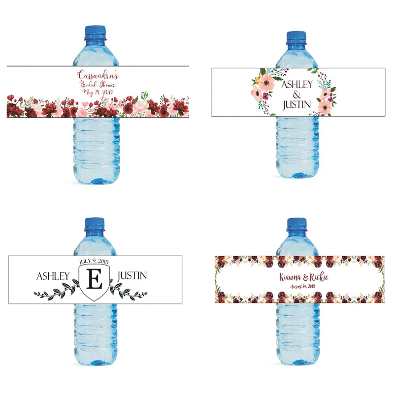 24 штуки, Персонализированные Цветочные наклейки на бутылки для воды на свадьбу, наклейки, на день рождения, годовщину крещения, персонализированный логотип