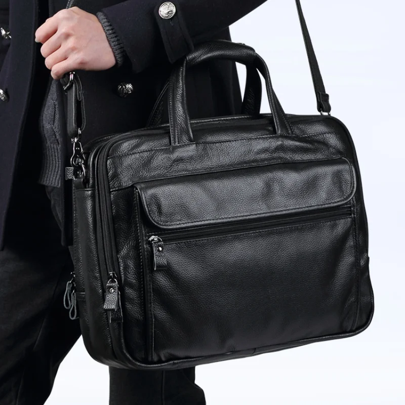 Genuine Leather Business Travel Brifcases Bag Large Men Leather Handbag Male Men's 15.6 Inch Laptop Shoulder Bag Business A4 Bag