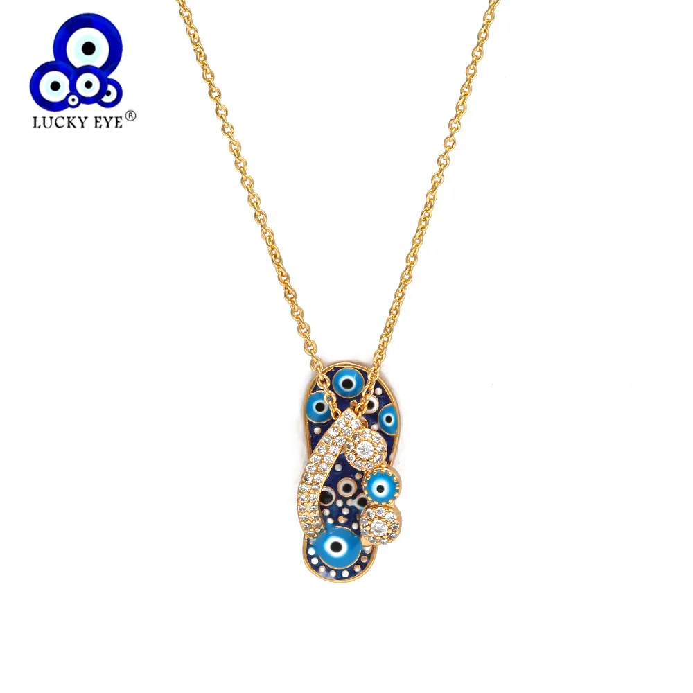 

Lucky Eye Micro Pave Slippers Evil Eye Pendant Necklace Gold Color Long Chain Necklace for Women Girls Fashion Jewelry BD242