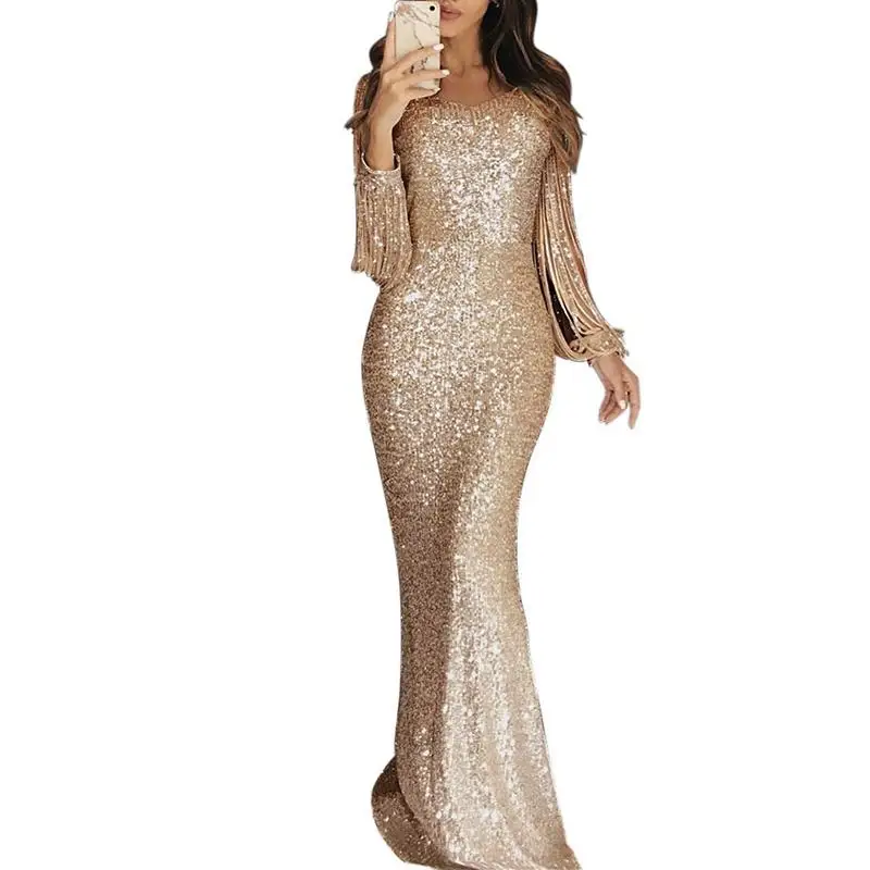 2019 осеннее Элегантное длинное вечернее платье с длинным рукавом и кисточками