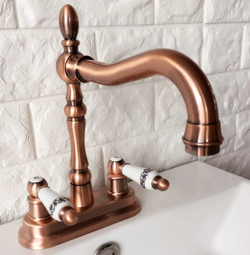 

Antique Red Copper Double Handle 4" 2 Hole Kitchen Bathroom Vessel Basin Faucet Sink Hot Cold Mixer Tap Swivel Spout 360' drg051