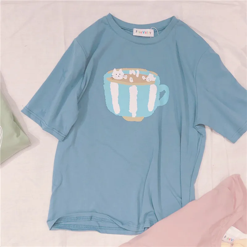 Blue Японские летние новые женские милые футболки с мультяшным принтом Bestie Mori Girl футболка с короткими рукавами школьные рубашки для девочек-подростков свободная футболка - Цвет: Blue