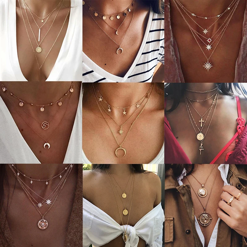 Винтажное металлическое многослойное ожерелье для женщин золотистого