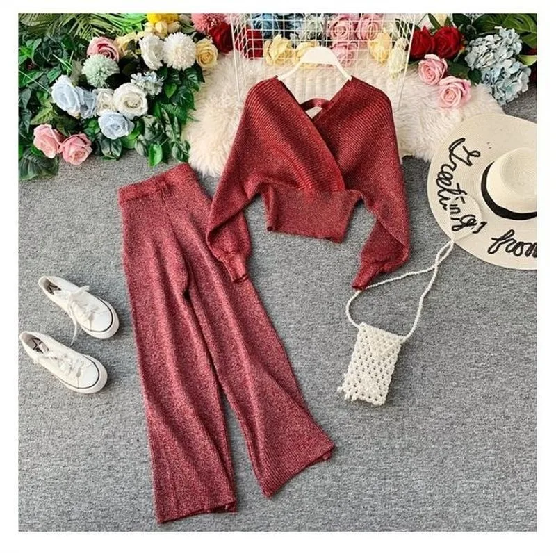 

2021 Spring Autumn Women Shining Knitted Two Pieces Set V Neck Bat Sleeve Sweater Top+Elastic Loose Wide Leg Long Pants Y246