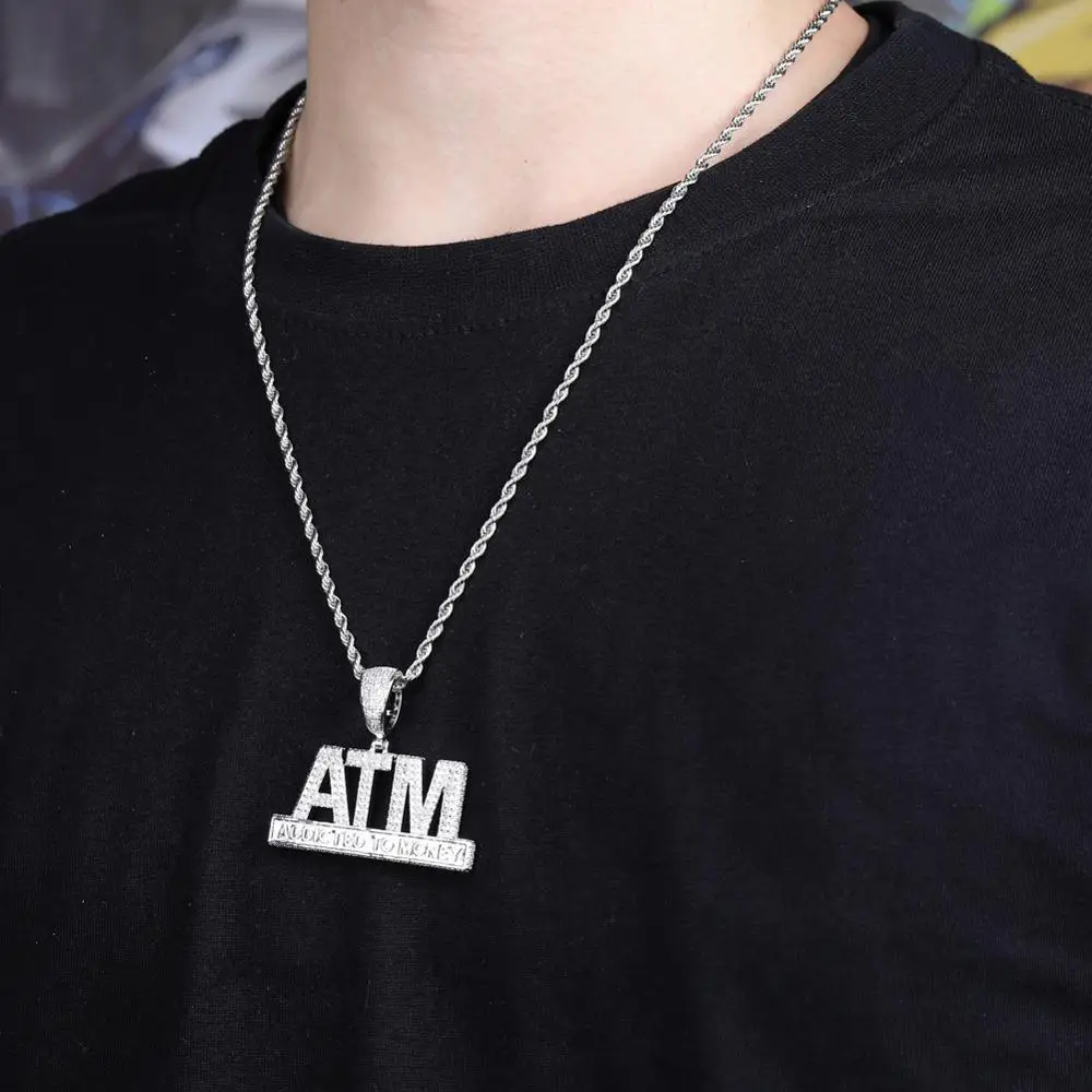 

Men Hip hop iced out ATM addicted to money pendant necklaces AAA Zircon Hiphop Letters necklace fashion jewelry Drop shipping