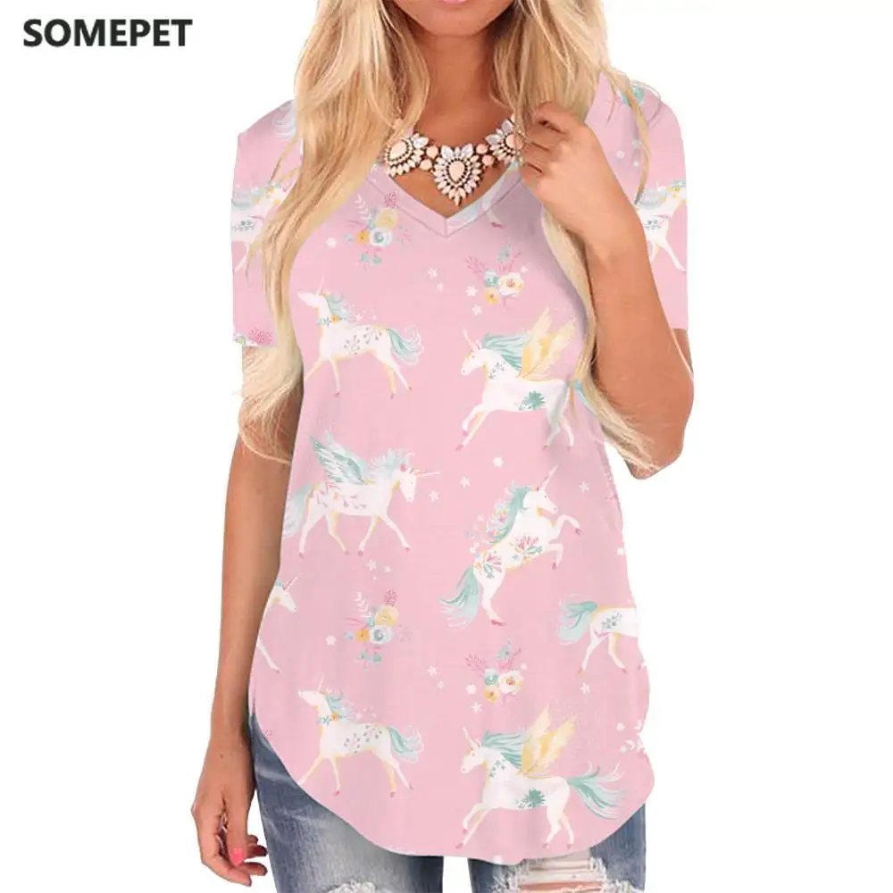 SOMEPET Unicorn T Shirt Women Animal Tshirts Printed Flower V-neck Tshirt Harajuku T-shirts 3d Womens Clothing Hip hop