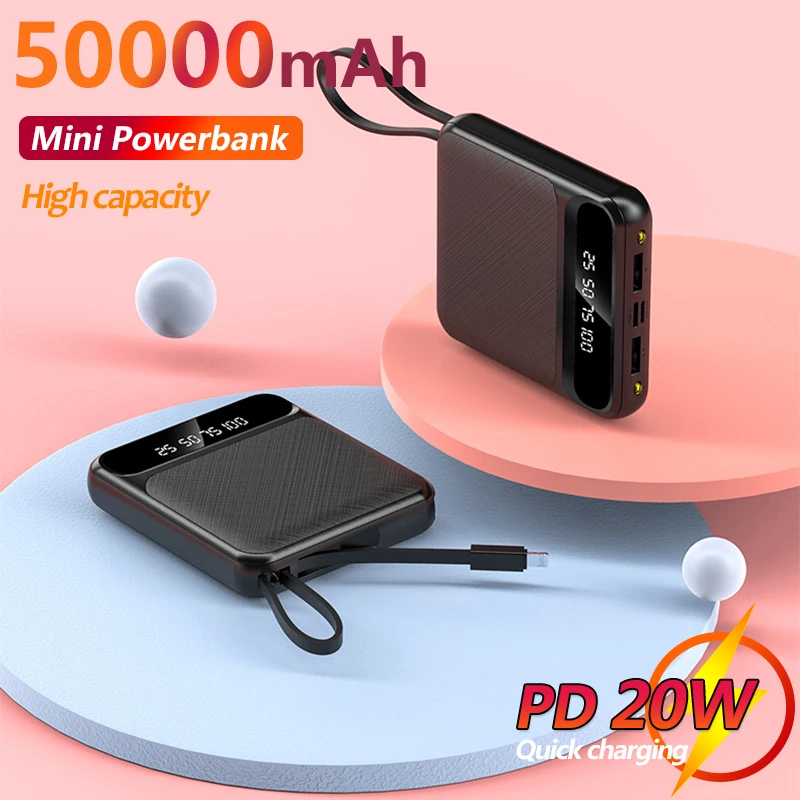 

50000mAh Pocket Mini Power Bank Quick Charger Built-in Charging Cable Portable External Battery