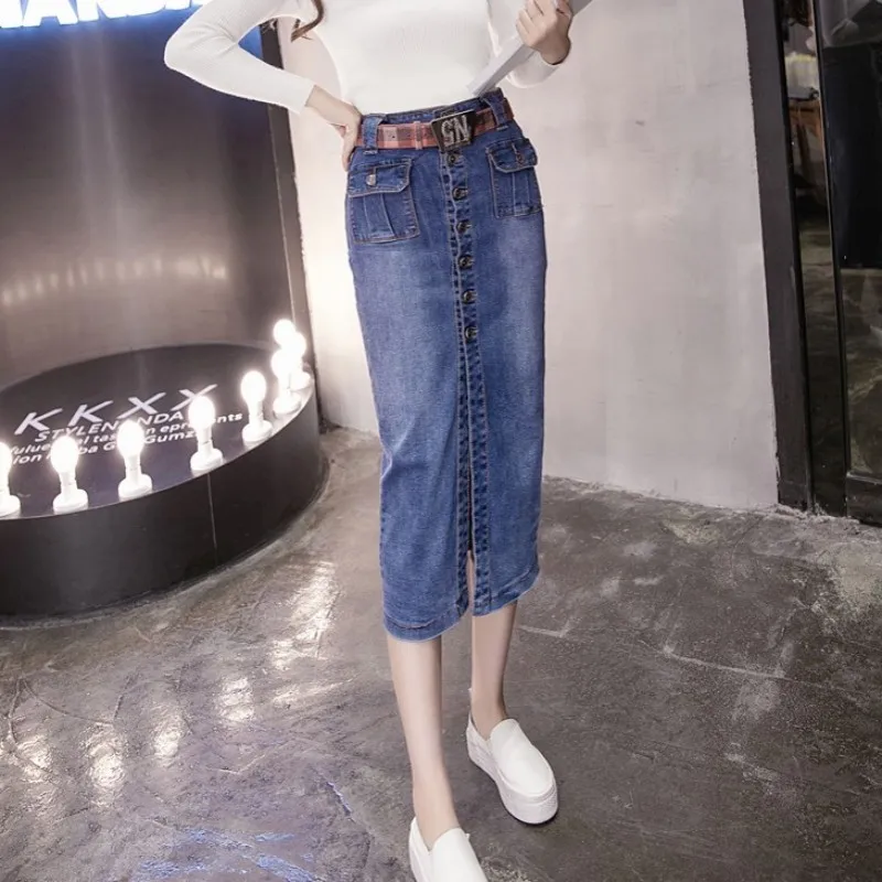 Высокая талия до середины икры Длинная женская джинсовая юбка стрейч облегающая