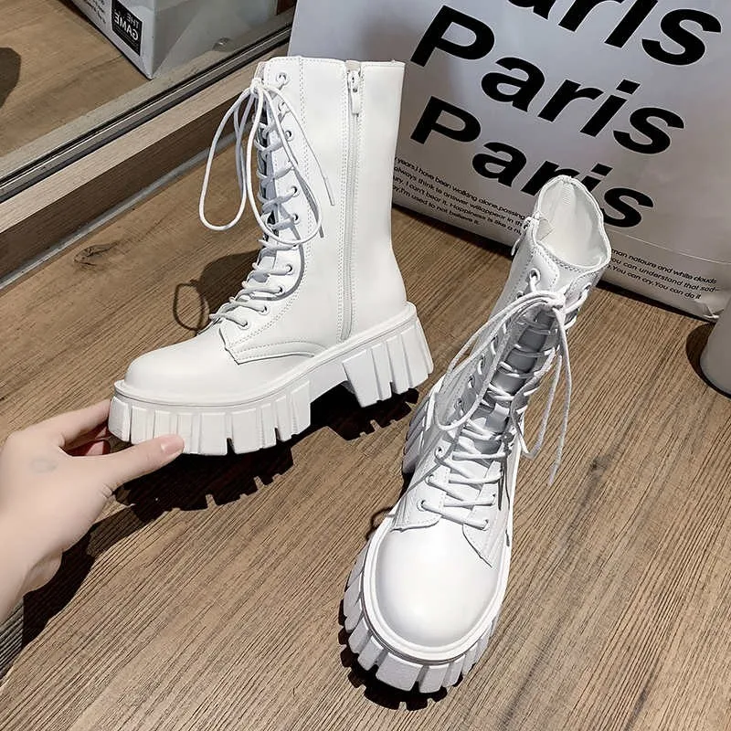 Модные Белые крутые женские ботинки средней длины в стиле панк современные