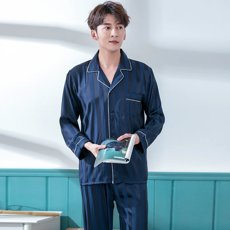 Summer Imitation Silk Pajama for Men Lounge Sleepwear Pyjamas Solid Nightwear Home Clothes Male PJs 2020 Summer Pajamas Sets