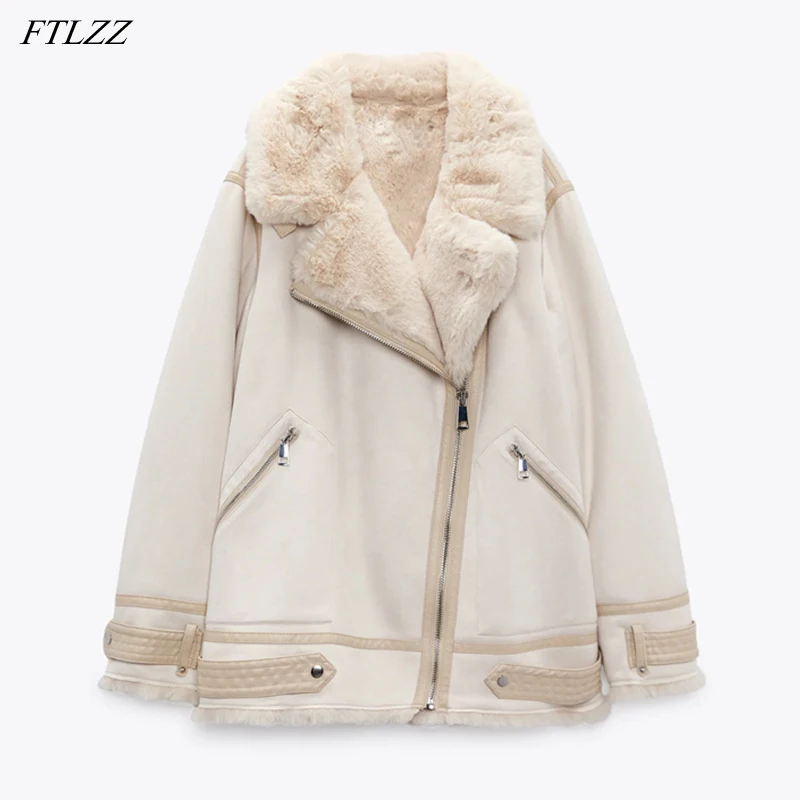 FTLZZ Winter Lamb Wool Faux Leather Fur Jacket Women S-XL  Lapel Snow Coat Zipper Design Thickening Outwear with Belt