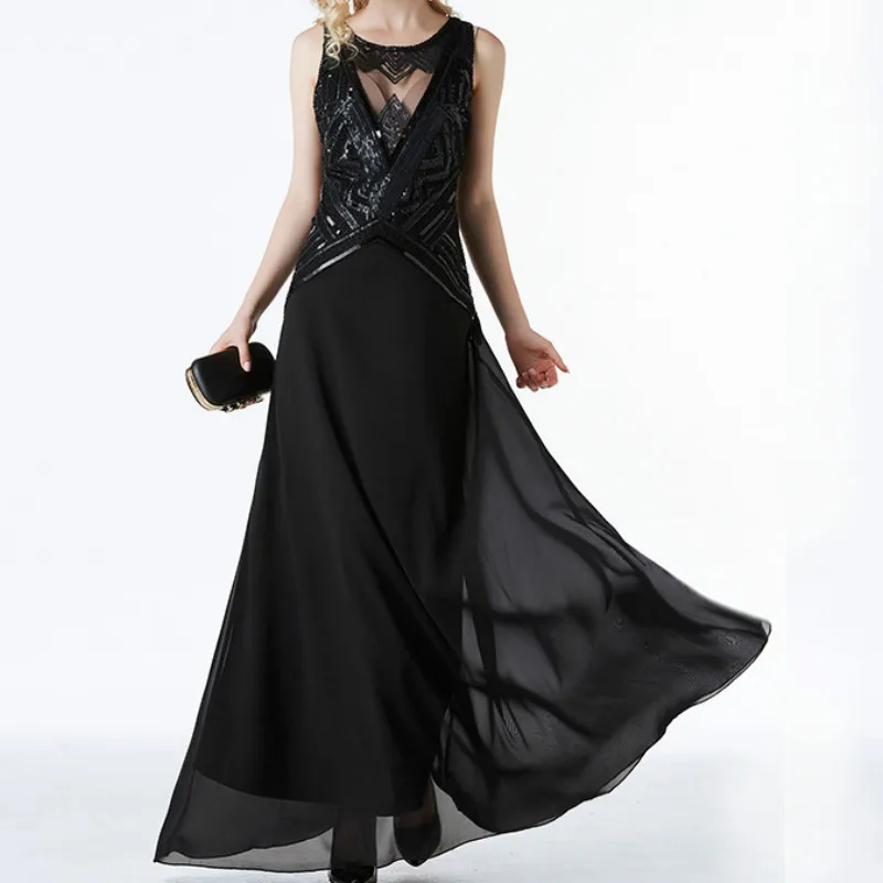 Женское шифоновое платье макси без рукавов винтажное длинное в стиле Великий