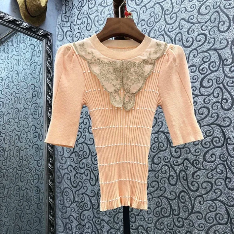 High Quality Sweater & Pullovers 2021 Autumn Ladies Lace Embroidery Patchwork Half Sleeve Casual Apricot Jumpers Female Knitwear