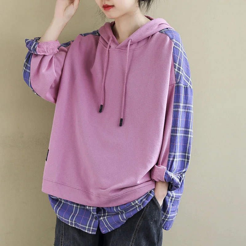 Новинка весна-осень свободная художественная прошивка в клетку с капюшоном для