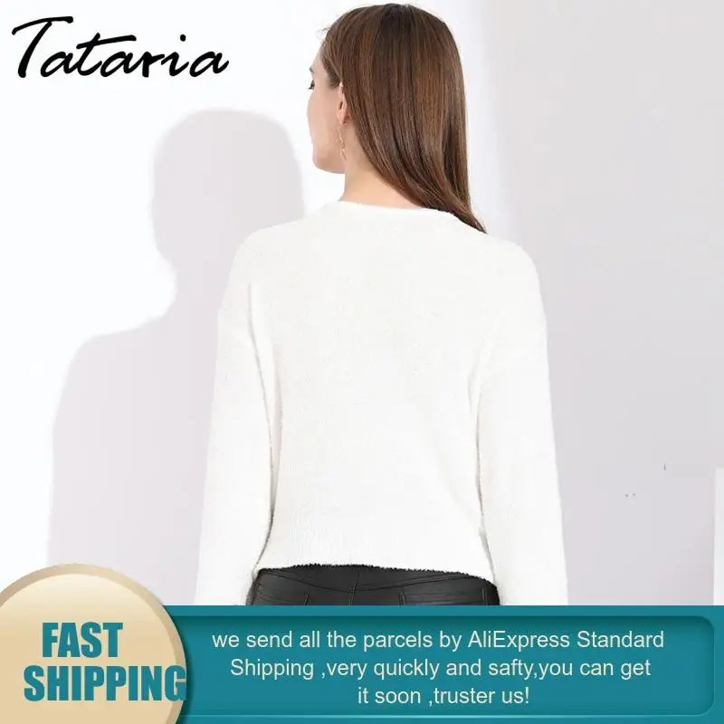 Tataria Women's Knitted Sweater Female Flare Sleeve Women Sweaters And Pullovers Mohair Fashion Cropped White For | Женская одежда
