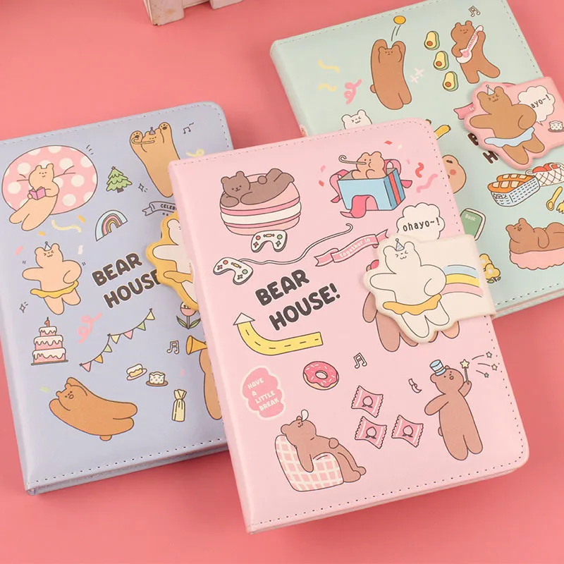 

64K Cute Hand Account Book Cartoon Bear Series Notebook Leather Diary Book Girl Magnetic Buckle Travel Notebook Style Random