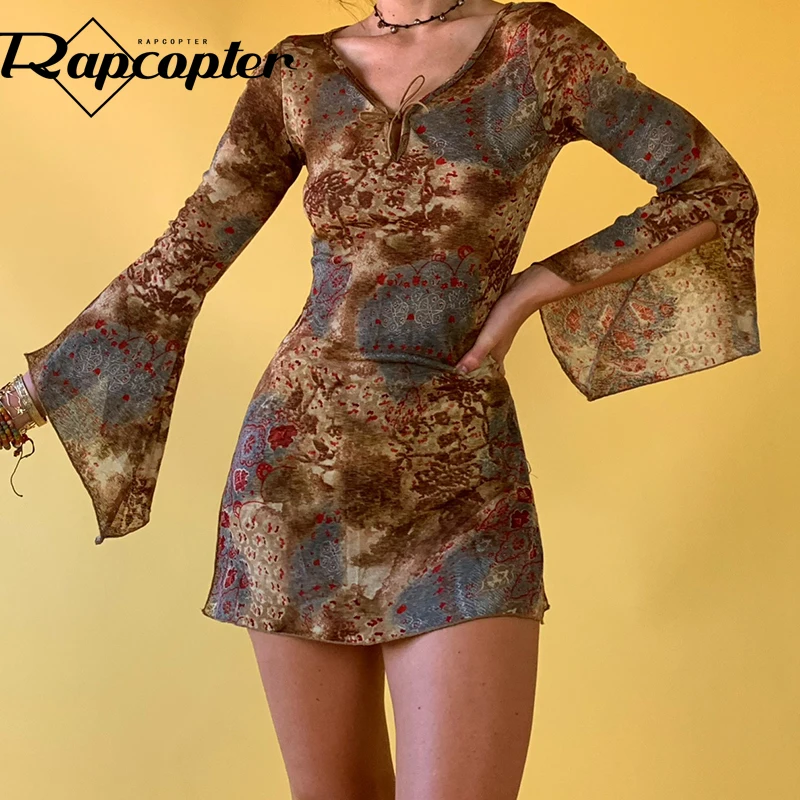 

Rapcopter Printed Grunge Fairycore Mini Dress Flare Sleeve Bow Cute Party Dress V Neck Split Holiday Boho Retro Clothes Women