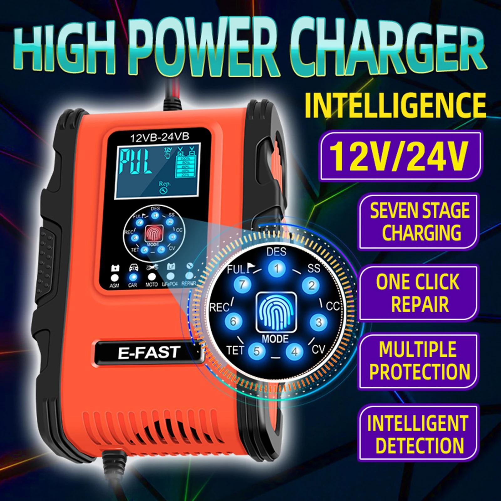 Smart Car Battery Charger 12V 12A 100-240V AC Fast Power Automatic Charging Lead Acid Batteries with Cable Clamps