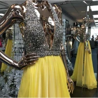 luxury deep v neck yellow prom dress 2020 heavy beaded crystal long formal evening party gown elegant backless long prom dress