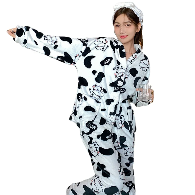 

Coral Velvet Pajamas Women's Autumn and Winter Cardigan Cow Thickened Flannel Student Lovely Home Suit