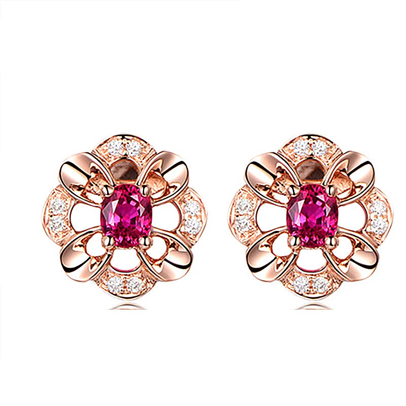 

New 925 Silver Jewelry Earrings Accessories Flower Shape Created Ruby Zircon Gemstone Stud Earrings for Women Wedding Engagement