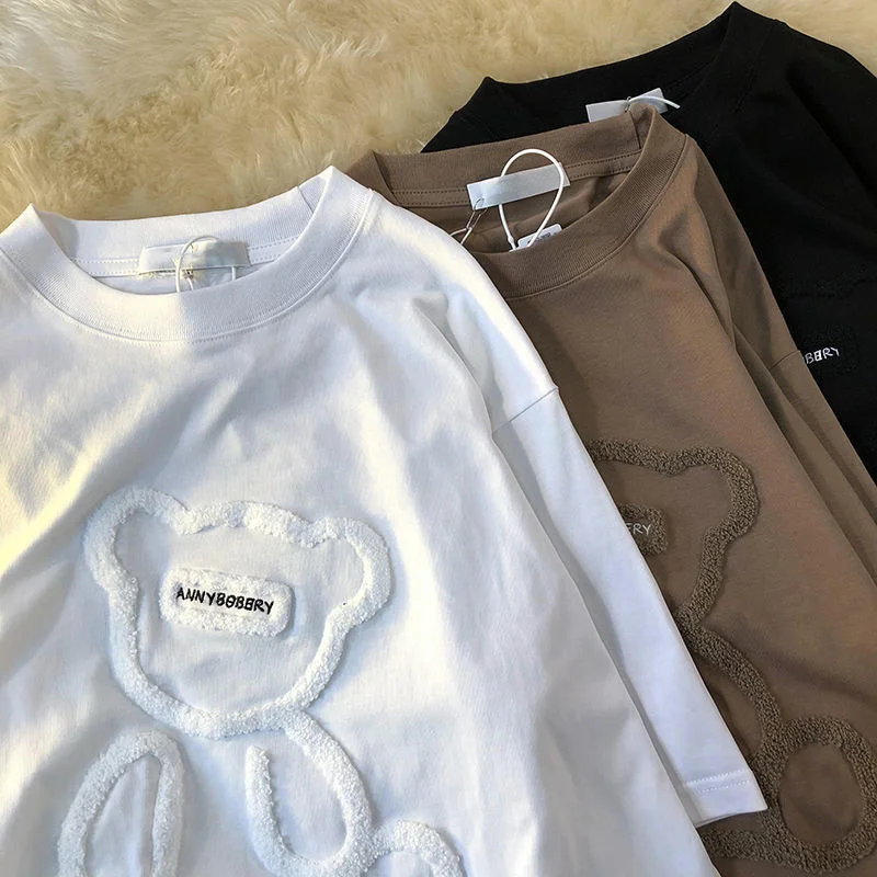 

Minimalist Flocking Embroidery Bear Street Ins Loose Oversized Short-Sleeved T-Shirt Female 2021 Summer Harajuku Casual Tee