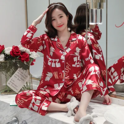 pyjamas women Большой размер 5XL женский атласный Шелковый пижамный комплект с длинным рукавом Цветочный комплект из двух предметов сексуальная пижама Пижамный костюм Женская одежда для сна - Цвет: pyjamas women