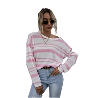 long sleeved pink striped sweater women geometric khaki knitted casual houndstooth lady pullover o neck top