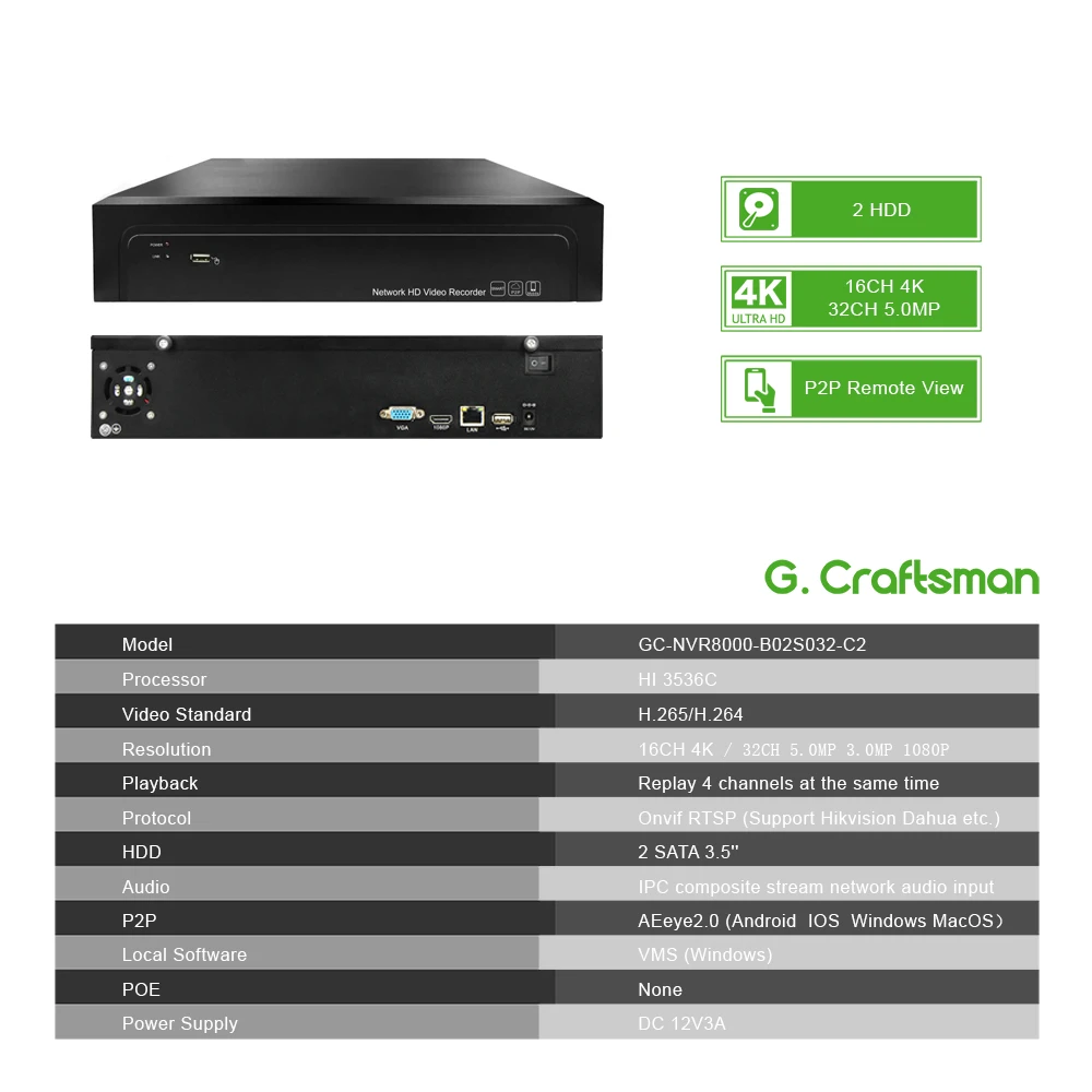 Система видеонаблюдения G.Craftsman 24 канала 5 МП POE H.265 до 32 каналов поддержка сетевого