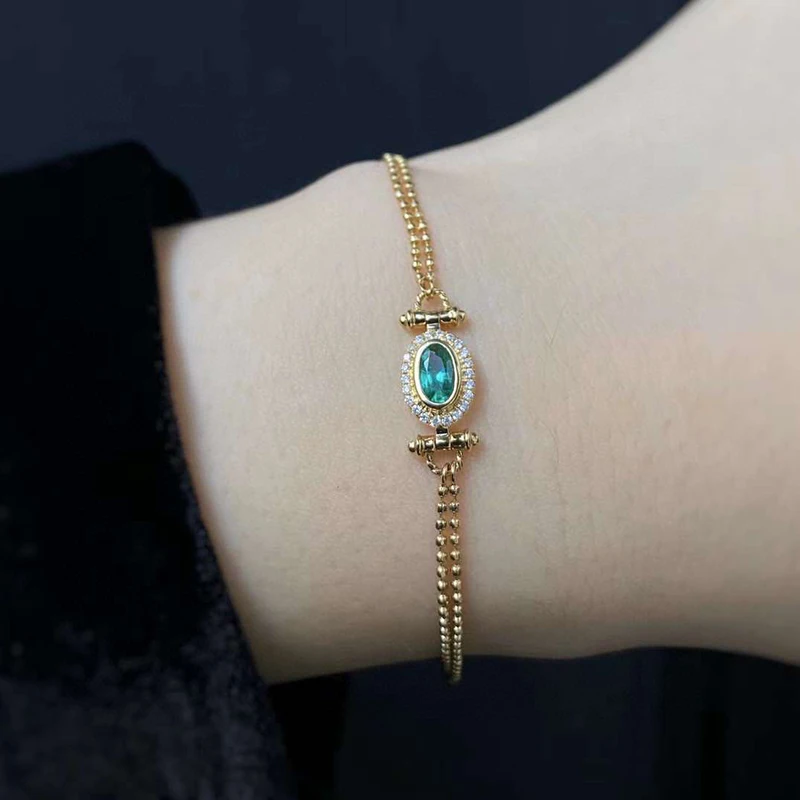 

AINUOSHI 18K Gold Oval Cut 0.2ct Natural Emerald Diamond Vinatge Bolo Bracelet For Women Birthday Jewelry Gift 6.7"