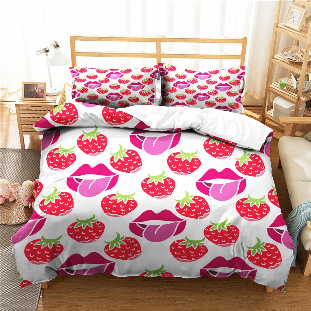 

3D Bedding Set Home Textiles Pink Fresh Strawberry Pattern Duvet Cover for Kids with Pillowcase King Queen Size