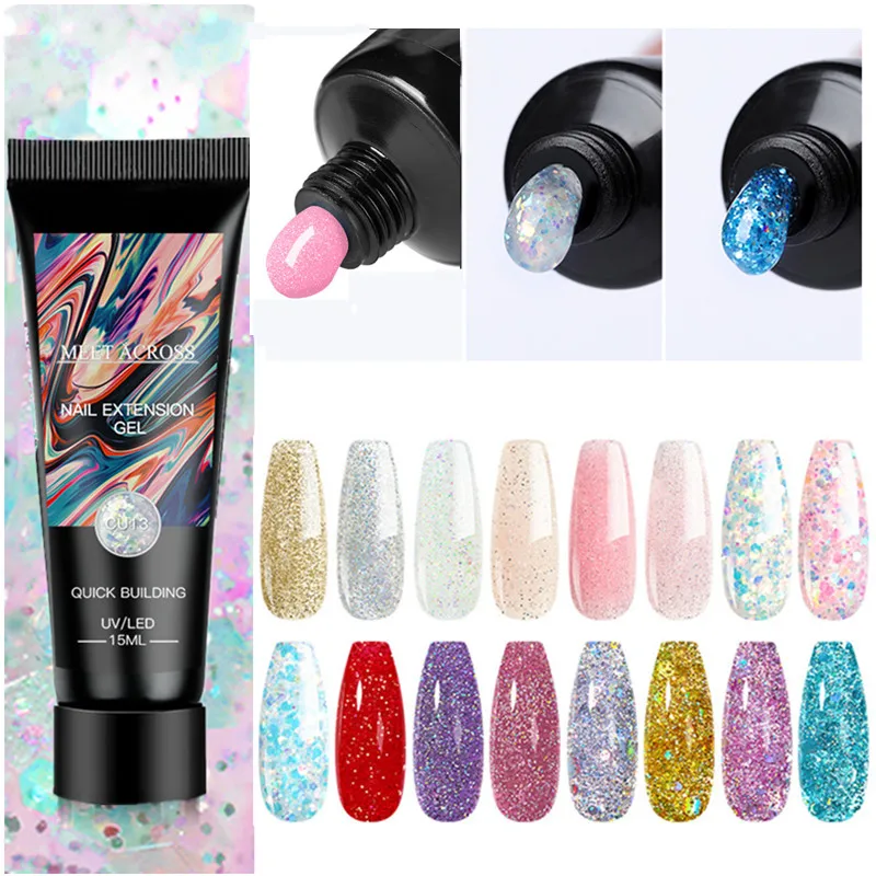 

MEET ACROSS Acrylic Gel For Extension Clear Pink Glitter Quick Finger Extension Gel Soak Off Gel Nail Polish Nails Art Manicure