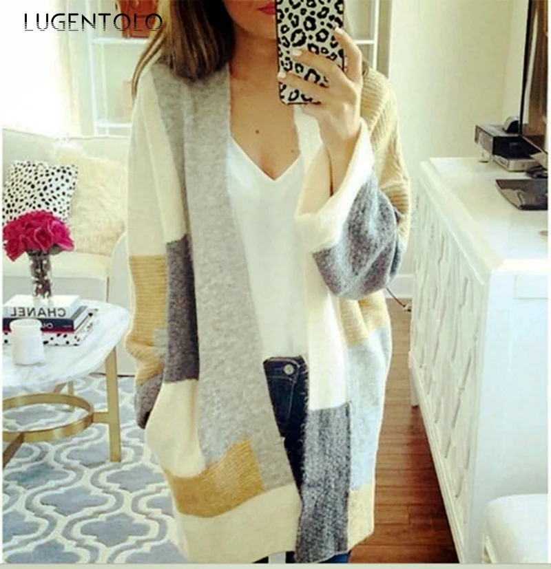 

Lugentolo Women's Knitted Sweater Autumn Casual Cardigan Sweater Fashion Color Matching Loose Female All-match Sweater
