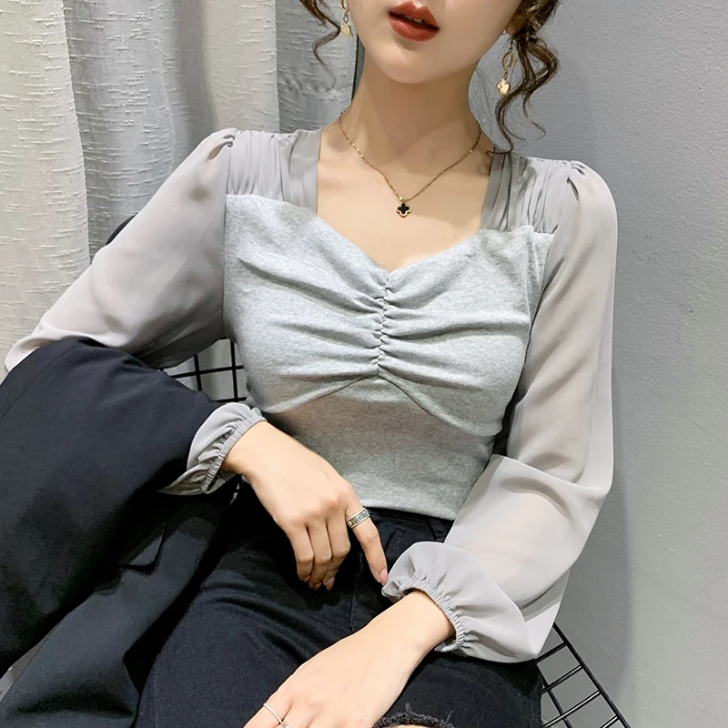 

Женская хлопковая Футболка с V-образным вырезом и рукавами-фонариками