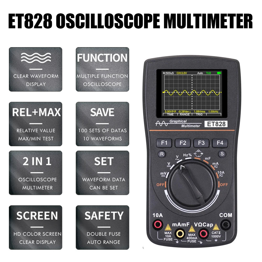 

ET828 Intelligent Digital Oscilloscope Auto Range Graphical Multimeter 2.4" Screen 1MHz 2.5MSPS Waveform for Electronic Test