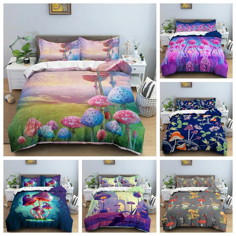 

3D Printed Mushroom Bedding Set Bedclothes Duvet Cover Pillowcase Set King/Queen Size Comforter Cover for Kids Bedroom