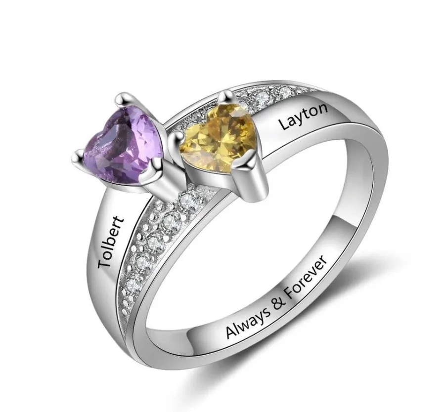 

925 STERLING SILVER CUSTOM NAME RING WITH 2 HEART BIRTHSTONES PERSONALIZED WEDDING ENGAGEMENT RING