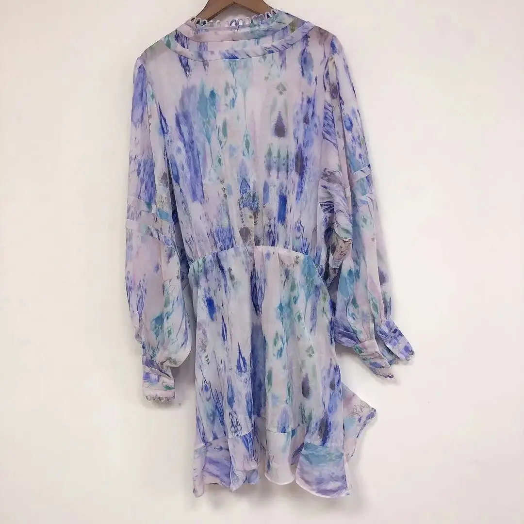 

2021 early spring and summer new blooming lace print lantern sleeves ruffled deep V-neck long-sleeved dress