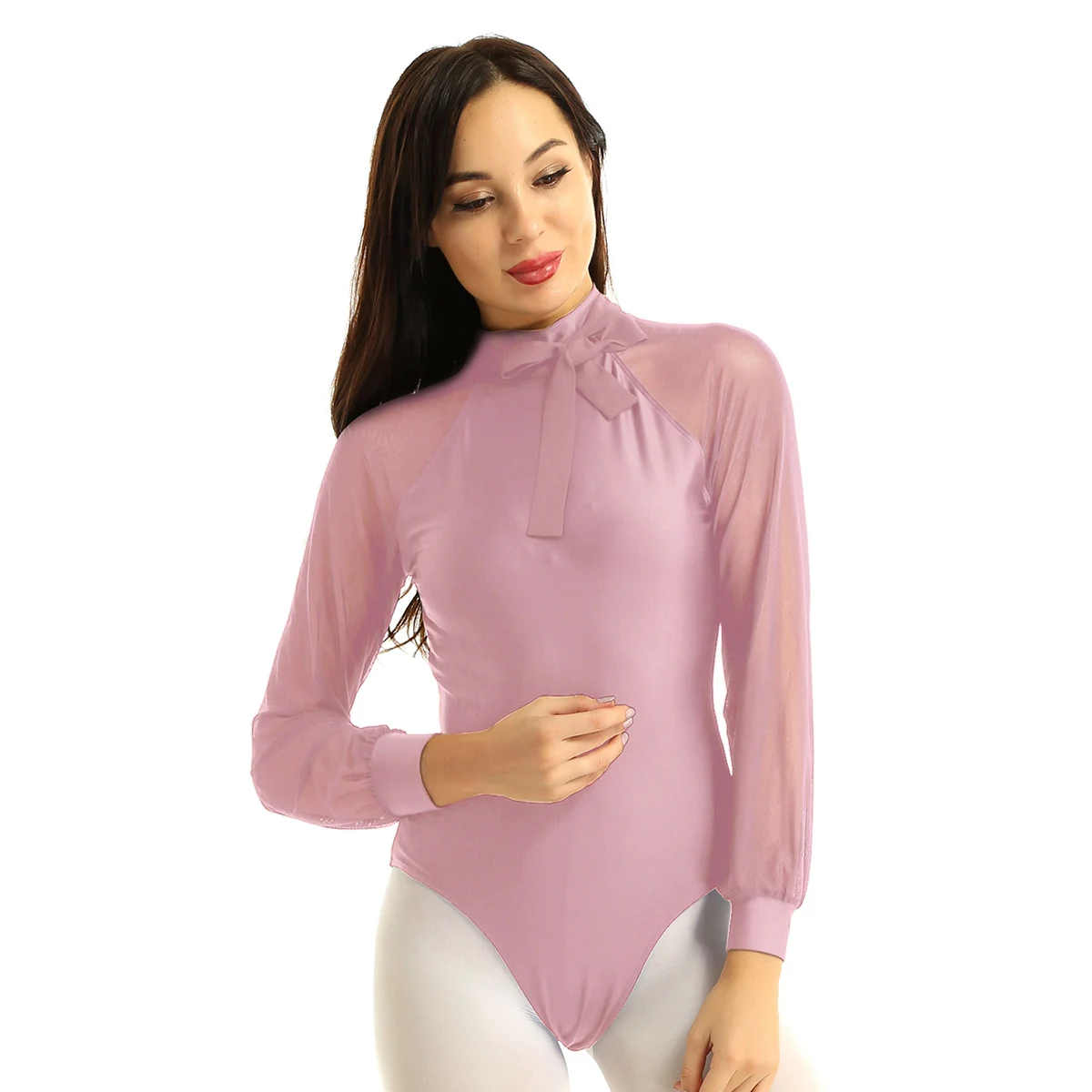Dusty Pink Женские и взрослые балетные костюмы для лирических танцев с имитацией шеи, с длинными рукавами, с вырезом на спине, балетное платье, боди, гимнастическое трико, Одежда для танцев - Цвет: Dusty Pink