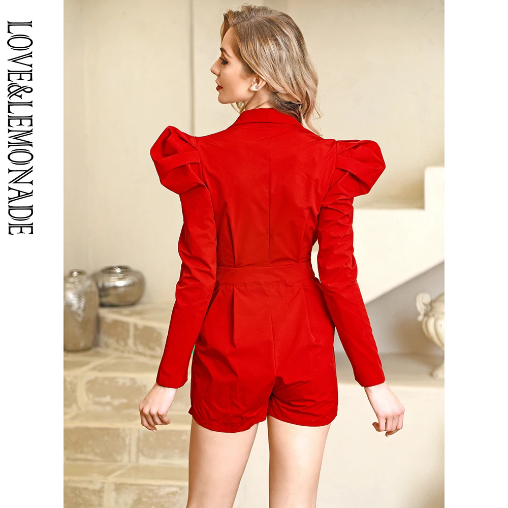

LOVE&LEMONADE Sexy Deep V-Neck Bubble Long Sleeve Crimson Playsuit LM82398