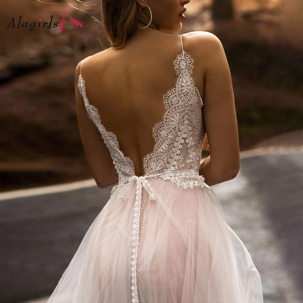Fairy spaghetti straps mesh wedding dress Women sexy v-neck backless robes 2020 Beach sweep train tulle dress for bride