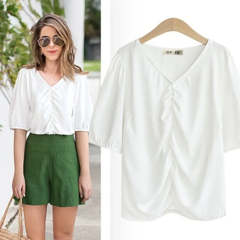 

2020 Women's New Solid Chiffon Fashion Simplicity Comfortable Top Loose Thin V-neck Pleated Middle Sleeve Fresh and Sweet Shirt